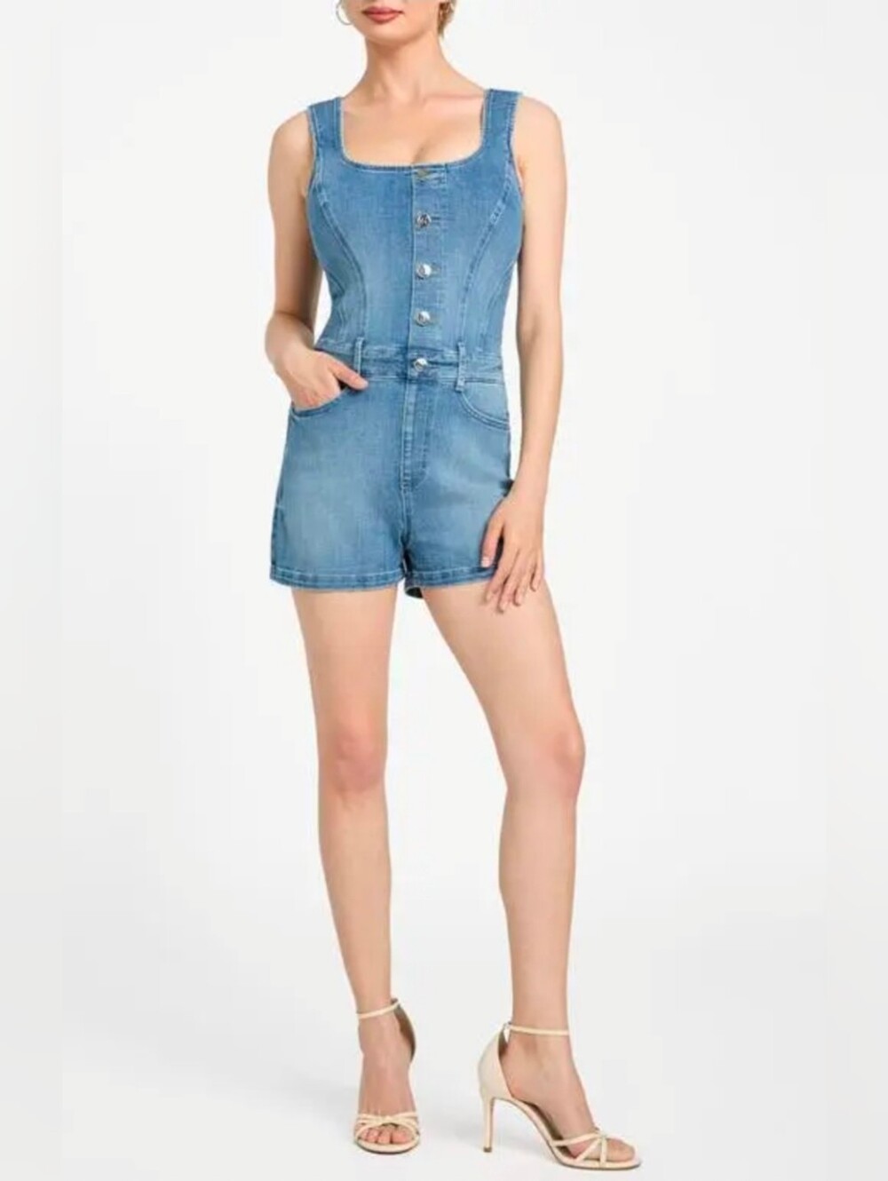 $148 NWT GUESS Stretch Denim Romper Zip Back Sleeveless Tank Overall Pockets L